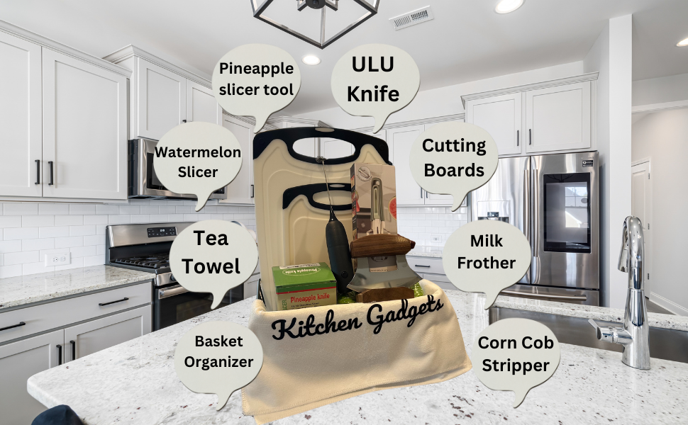 kitchen gadget gift basket with 9 different gadgets.